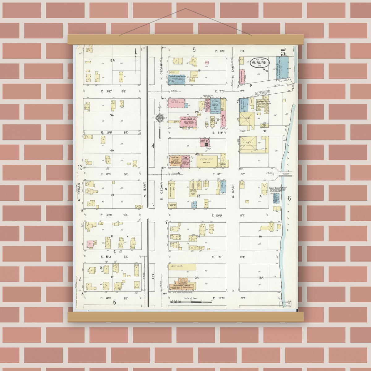 Old map wall art mockup — magnetic wood frame on brick wall — Sanborn Fire Insurance Map from Auburn, De Kalb County, Indiana (1914), Sheet #0005