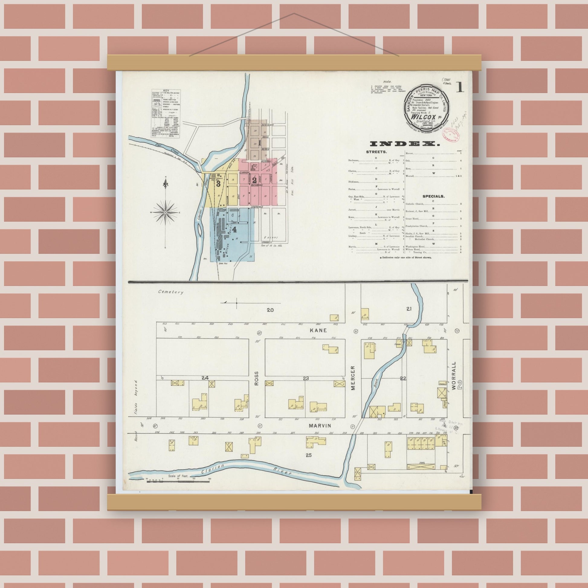 Old map wall art mockup — magnetic wood frame on brick wall — Sanborn Fire Insurance Map from Wilcox, Elk County, Pennsylvania (1895) - Complete Map Set