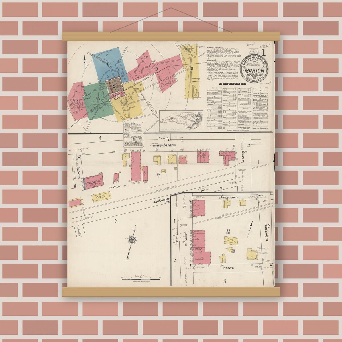 Old map wall art mockup — magnetic wood frame on brick wall — Sanborn Fire Insurance Map from Marion, Mcdowell County, North Carolina (1922), Sheet #0001