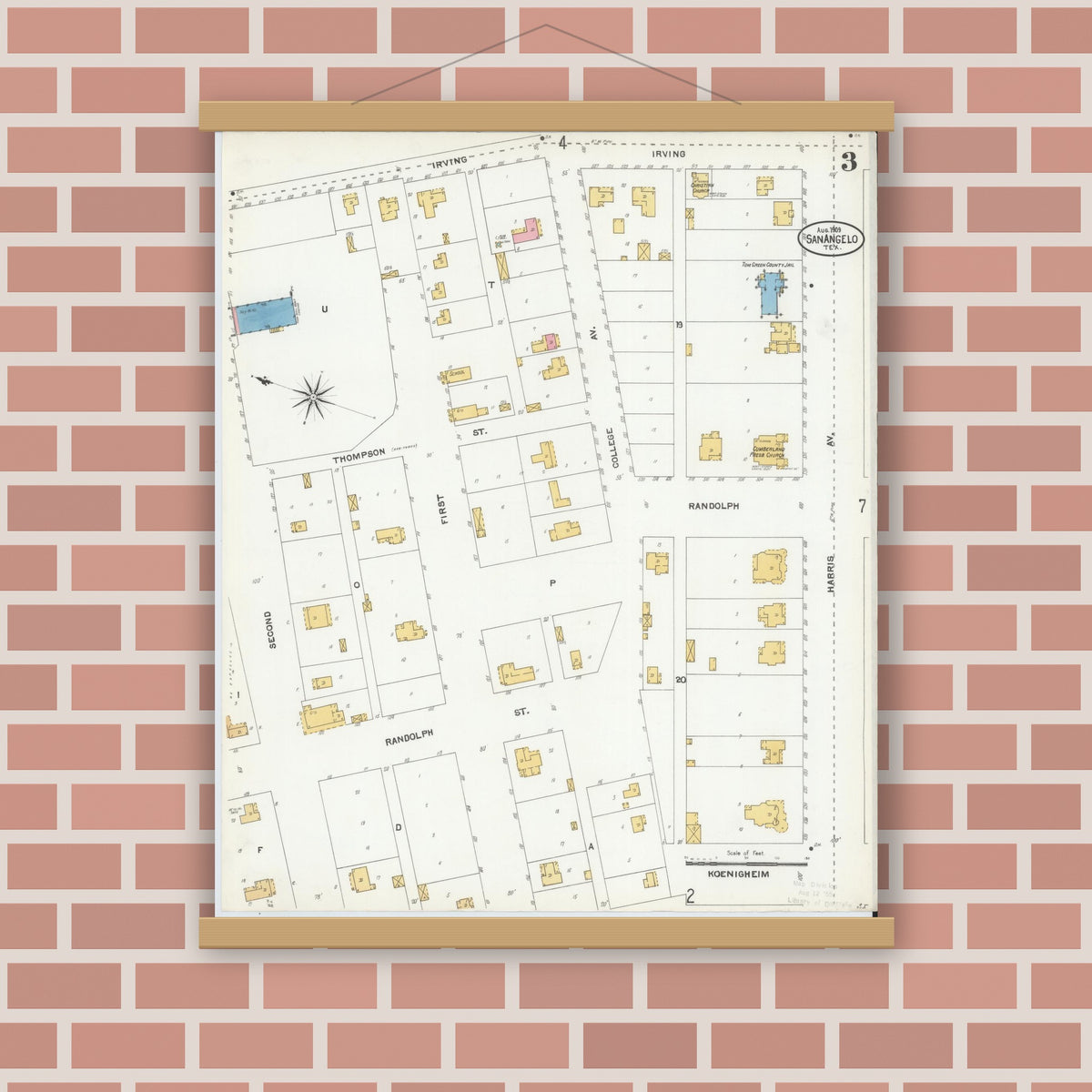 Old map wall art mockup — magnetic wood frame on brick wall — Sanborn Fire Insurance Map from San Angelo, Tom Green County, Texas (1904), Sheet #0003