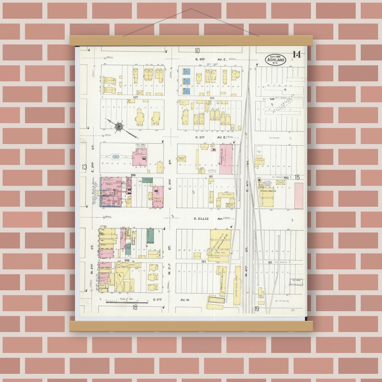 Old map wall art mockup — magnetic wood frame on brick wall — Sanborn Fire Insurance Map from Ashland, Ashland County, Wisconsin (1909), Sheet #0014