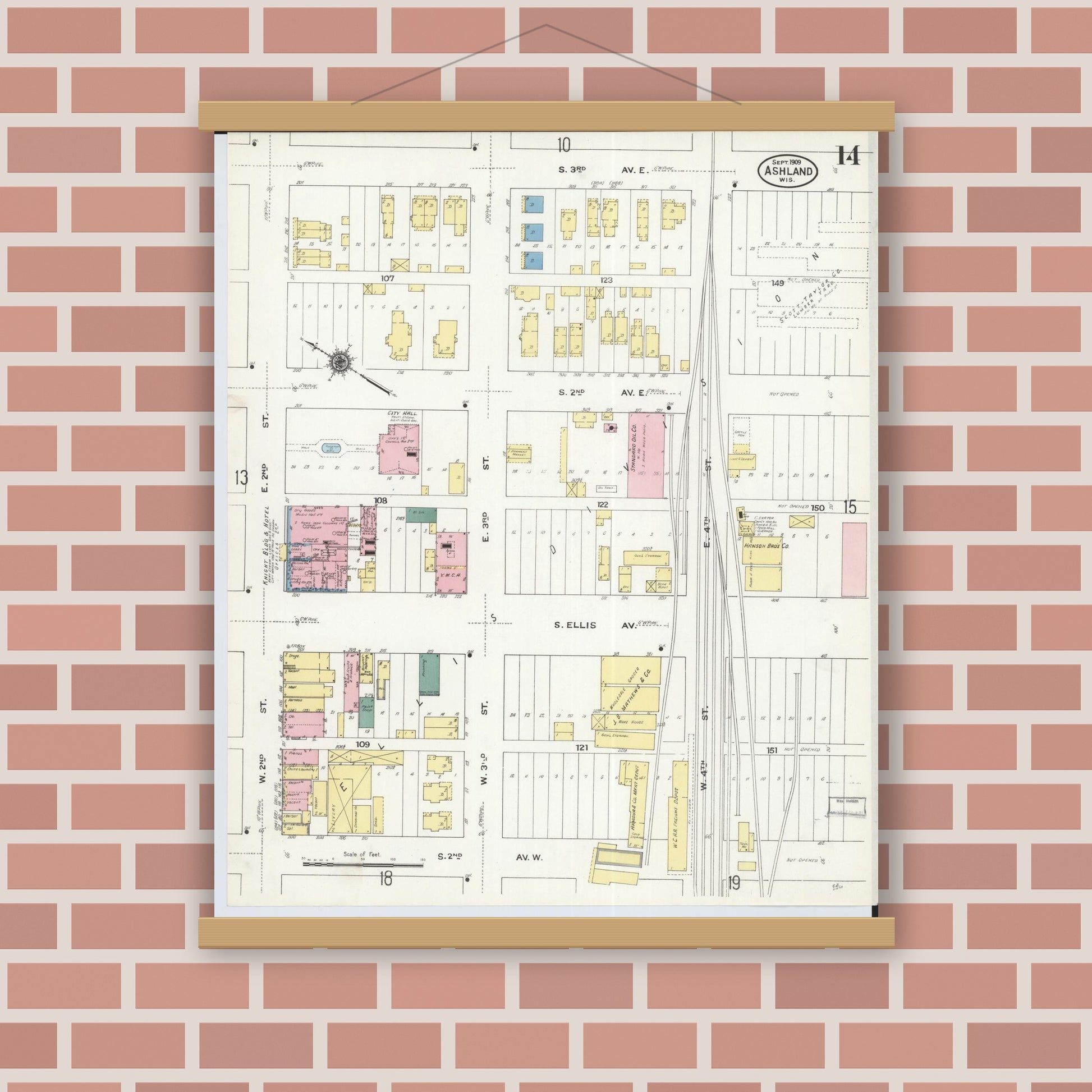 Old map wall art mockup — magnetic wood frame on brick wall — Sanborn Fire Insurance Map from Ashland, Ashland County, Wisconsin (1909), Sheet #0014