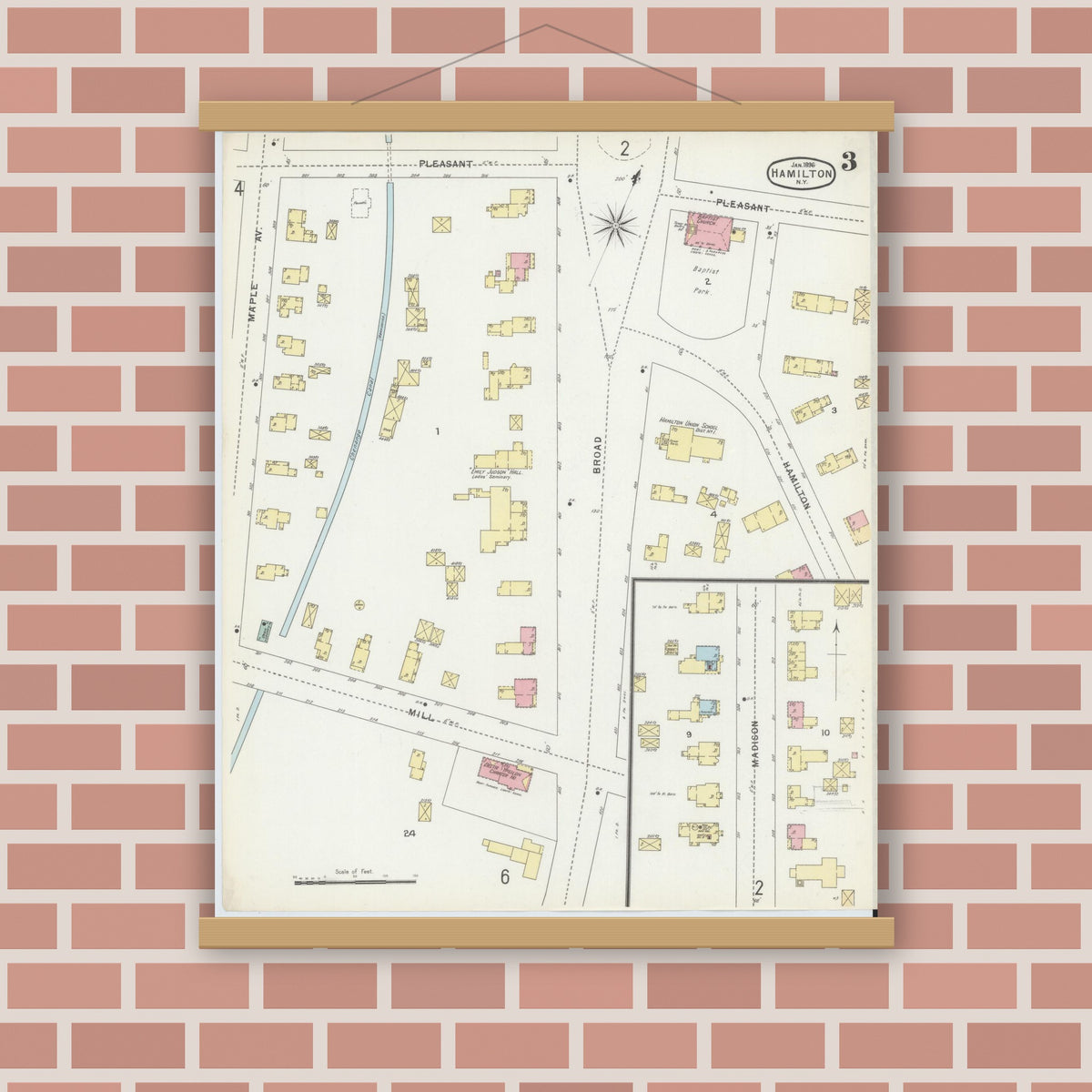 Old map wall art mockup — magnetic wood frame on brick wall — Sanborn Fire Insurance Map from Hamilton, Madison County, New York (1896), Sheet #0003