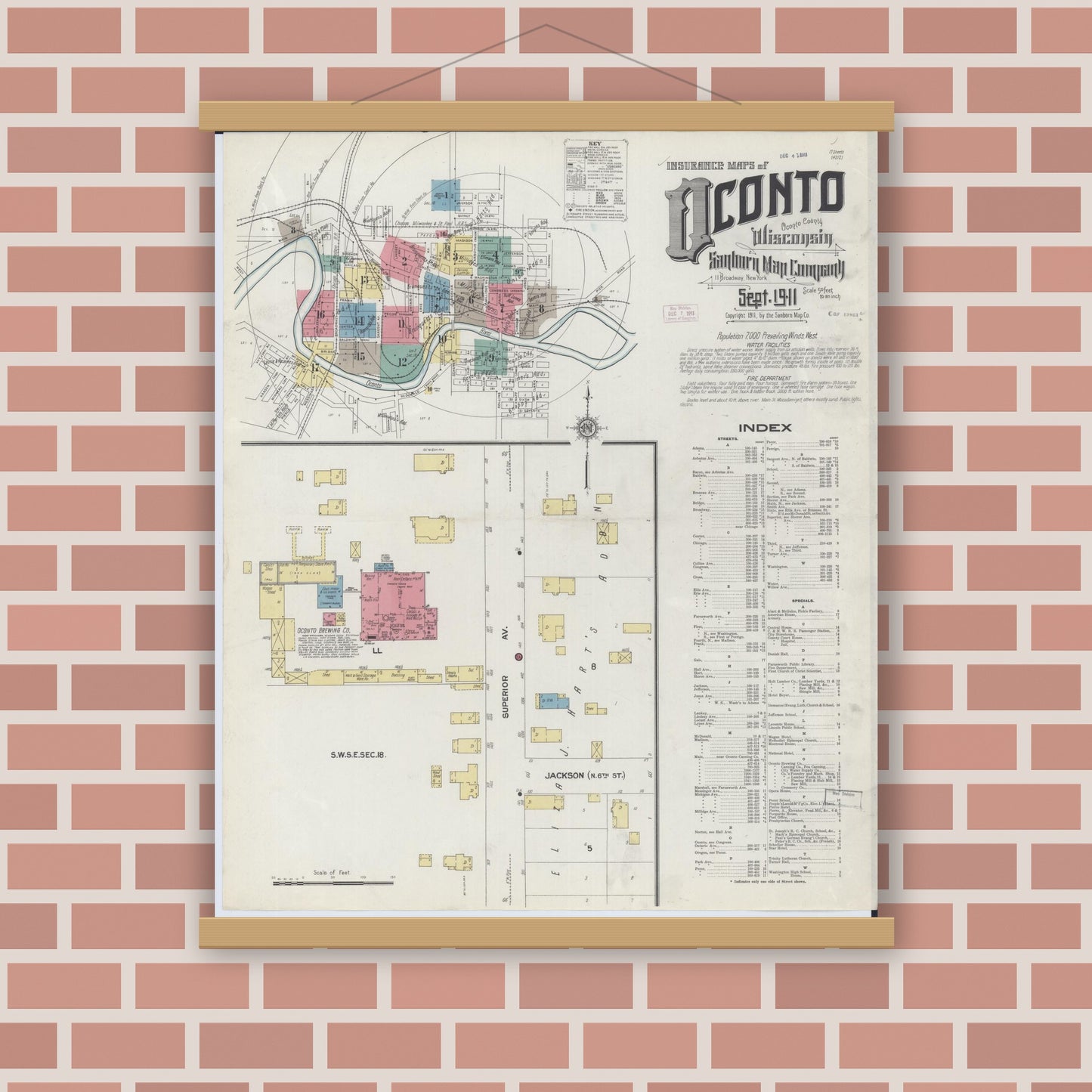Old map wall art mockup — magnetic wood frame on brick wall — Sanborn Fire Insurance Map from Oconto, Oconto County, Wisconsin (1911), Sheet #0001