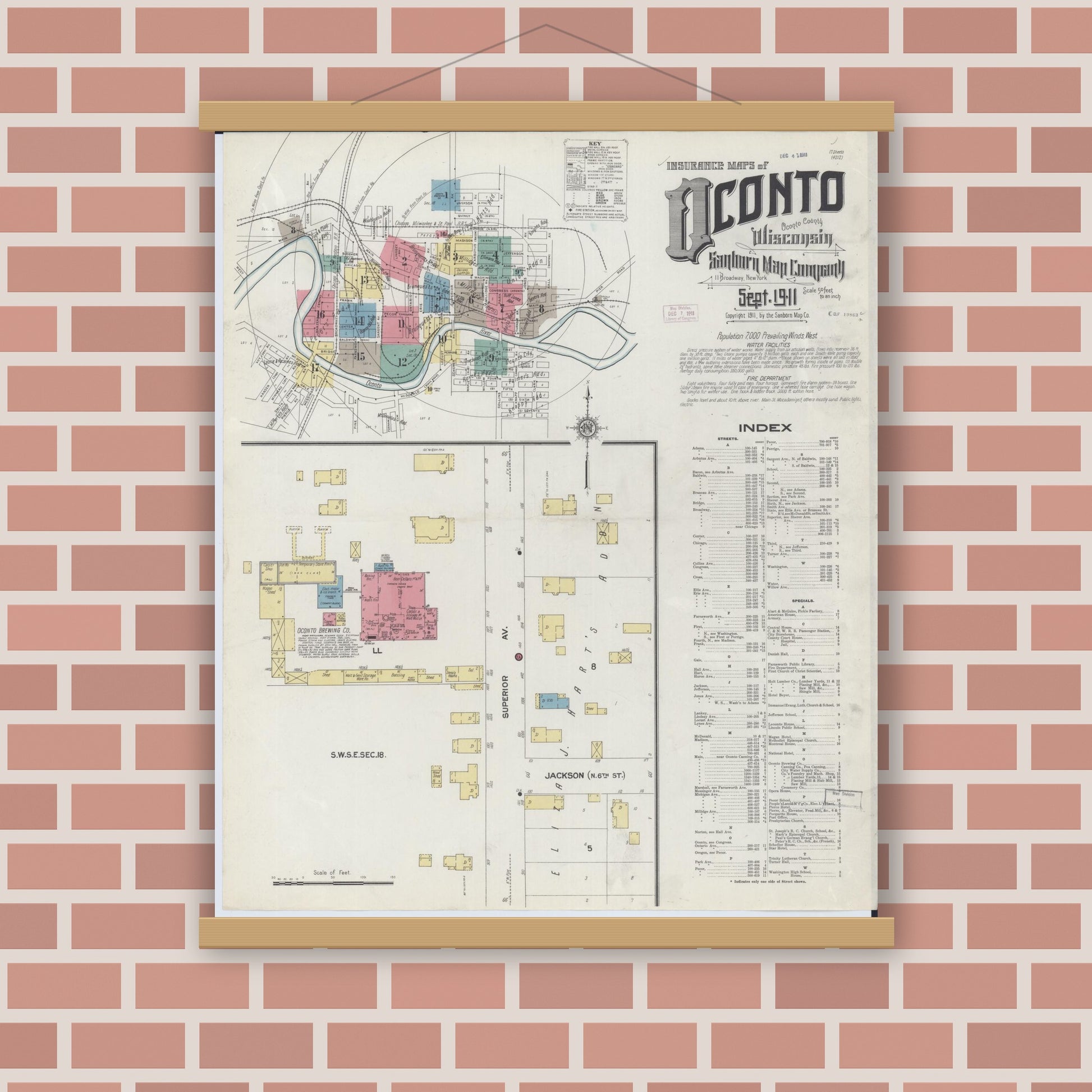Old map wall art mockup — magnetic wood frame on brick wall — Sanborn Fire Insurance Map from Oconto, Oconto County, Wisconsin (1911), Sheet #0001
