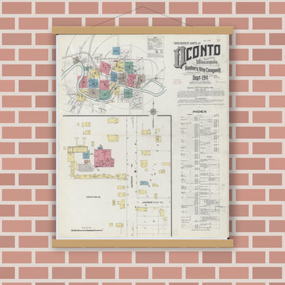Old map wall art mockup — magnetic wood frame on brick wall — Sanborn Fire Insurance Map from Oconto, Oconto County, Wisconsin (1911), Sheet #0001