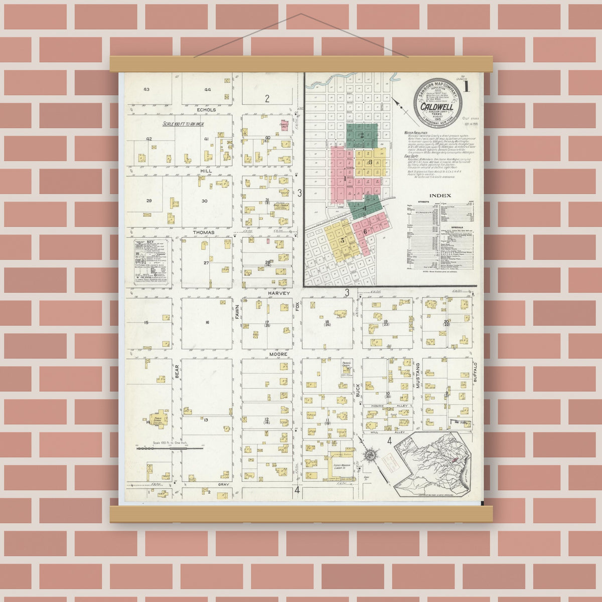 Old map wall art mockup — magnetic wood frame on brick wall — Sanborn Fire Insurance Map from Caldwell, Burleson County, Texas (1915) - Complete Map Set