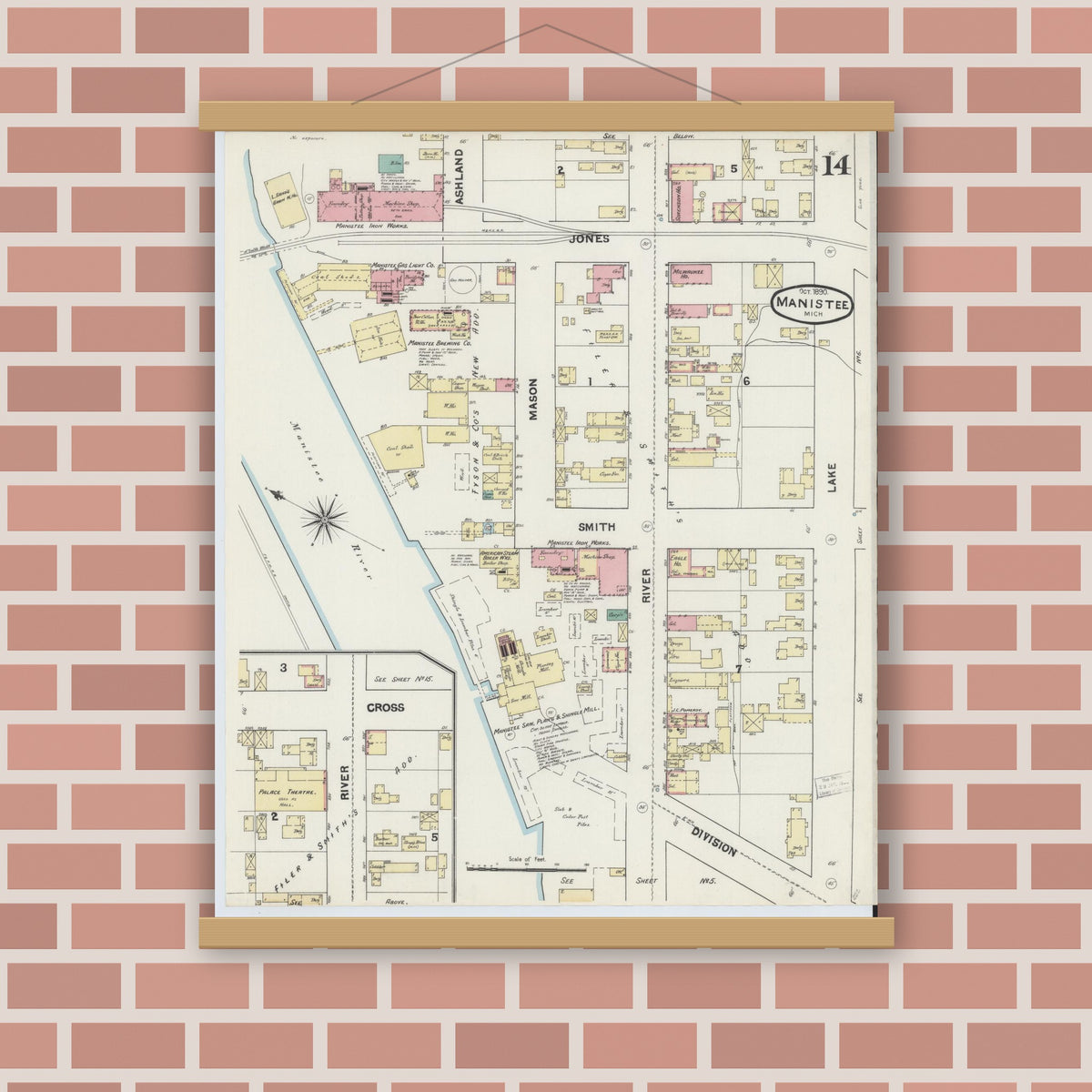 Old map wall art mockup — magnetic wood frame on brick wall — Sanborn Fire Insurance Map from Manistee, Manistee County, Michigan (1890), Sheet #0014