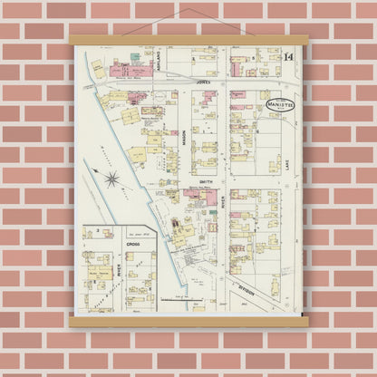 Old map wall art mockup — magnetic wood frame on brick wall — Sanborn Fire Insurance Map from Manistee, Manistee County, Michigan (1890), Sheet #0014