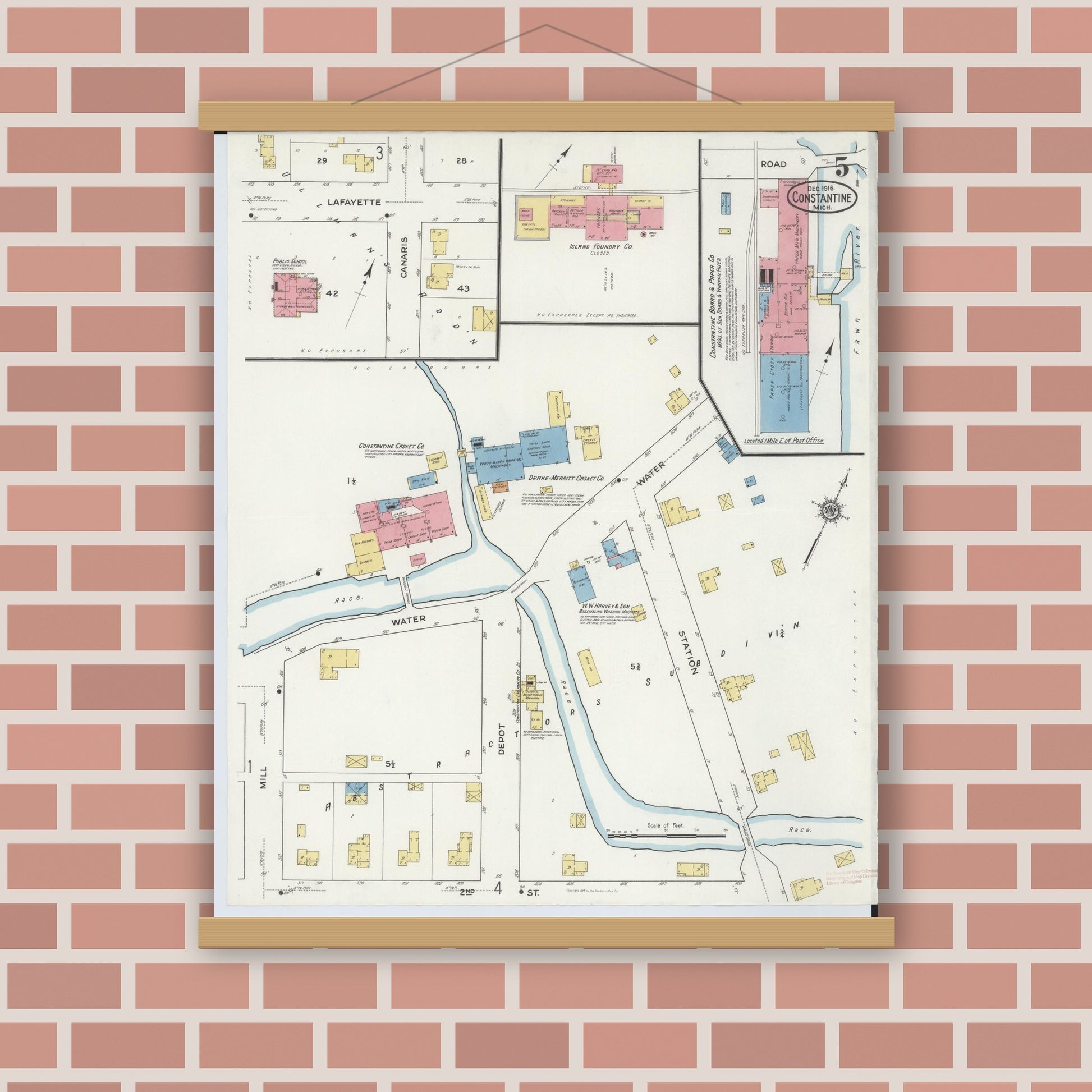 Old map wall art mockup — magnetic wood frame on brick wall — Sanborn Fire Insurance Map from Constantine, Saint Joseph County, Michigan (1916), Sheet #0005