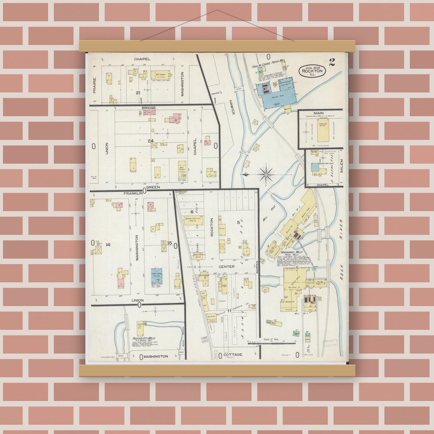 Old map wall art mockup — magnetic wood frame on brick wall — Sanborn Fire Insurance Map from Rockton, Winnebago County, Illinois (1898), Sheet #0002