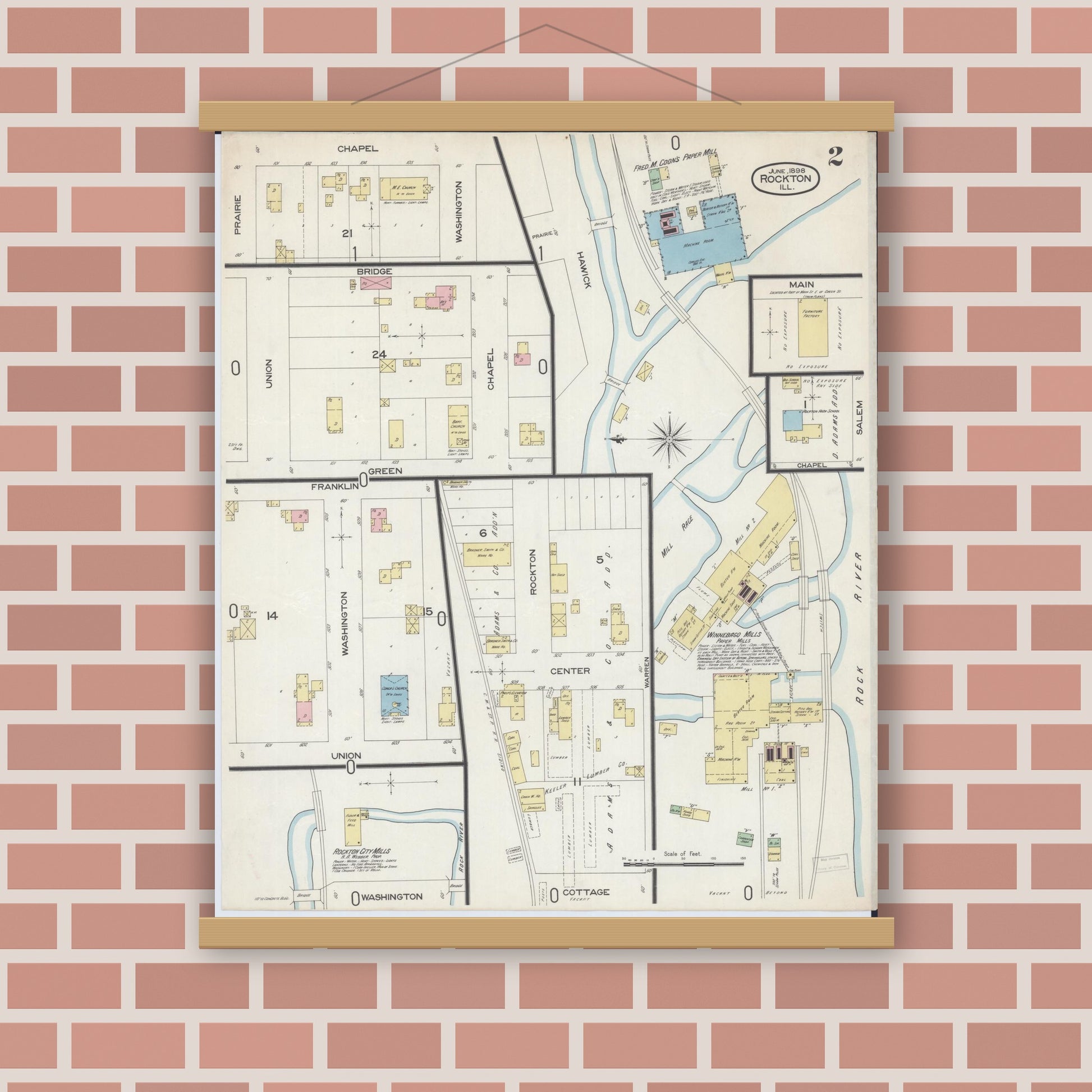 Old map wall art mockup — magnetic wood frame on brick wall — Sanborn Fire Insurance Map from Rockton, Winnebago County, Illinois (1898), Sheet #0002