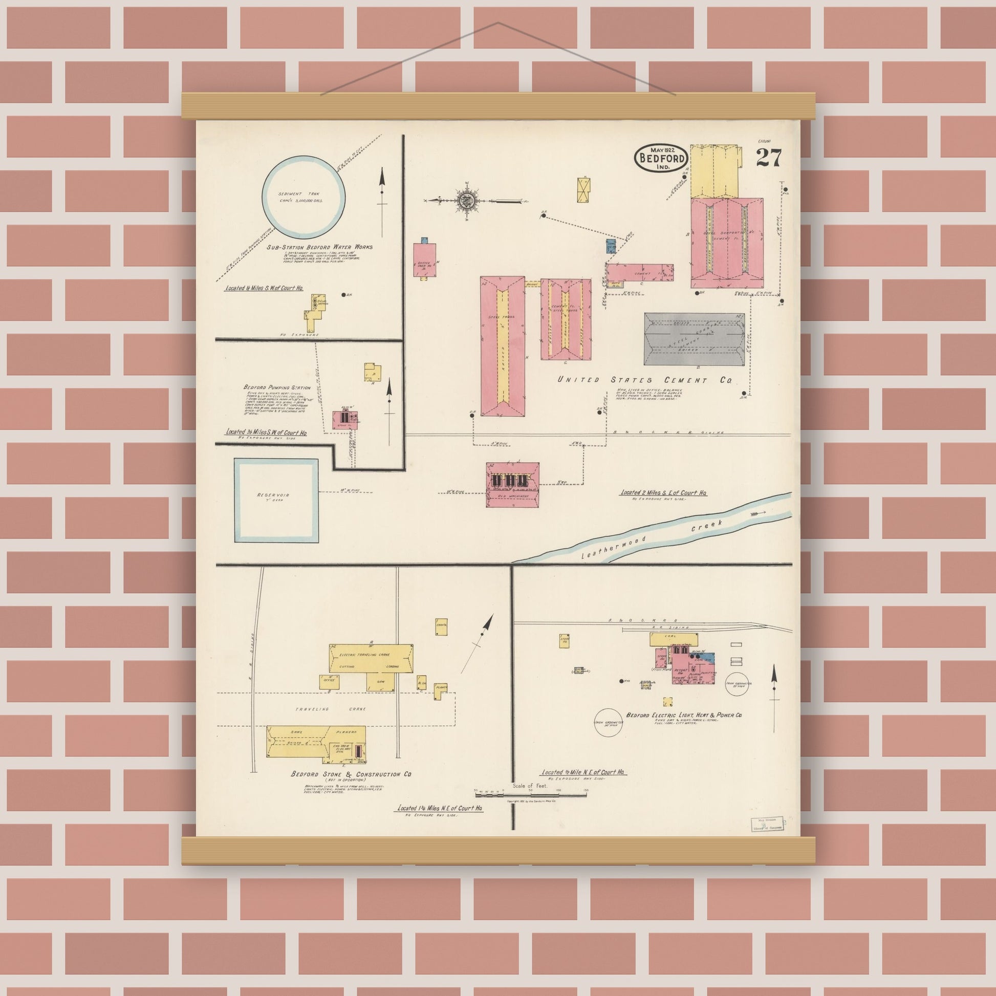 Old map wall art mockup — magnetic wood frame on brick wall — Sanborn Fire Insurance Map from Bedford, Lawrence County, Indiana (1922), Sheet #0027