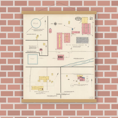 Old map wall art mockup — magnetic wood frame on brick wall — Sanborn Fire Insurance Map from Bedford, Lawrence County, Indiana (1922), Sheet #0027
