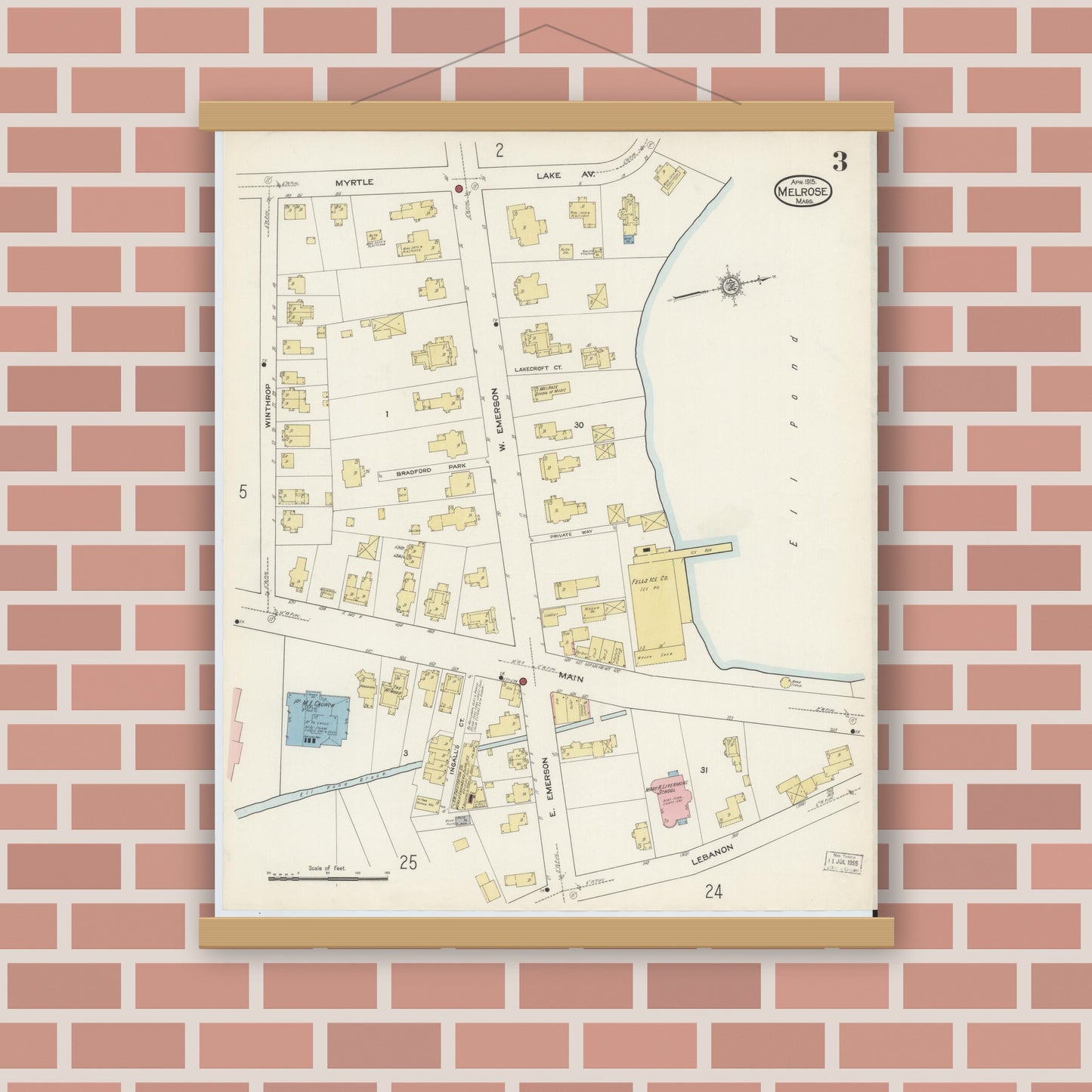 Old map wall art mockup — magnetic wood frame on brick wall — Sanborn Fire Insurance Map from Melrose, Middlesex County, Massachusetts (1915), Sheet #0003