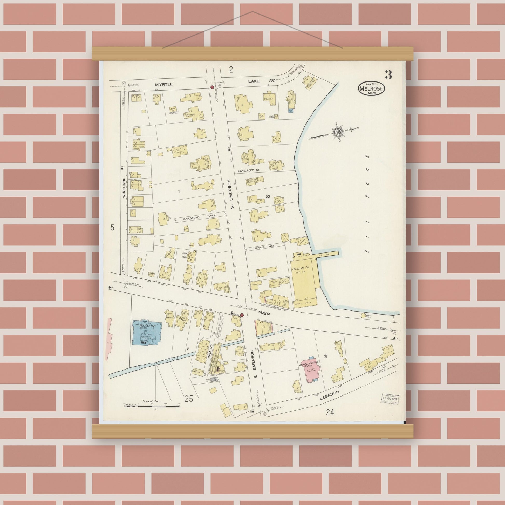 Old map wall art mockup — magnetic wood frame on brick wall — Sanborn Fire Insurance Map from Melrose, Middlesex County, Massachusetts (1915), Sheet #0003