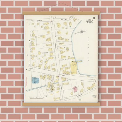 Old map wall art mockup — magnetic wood frame on brick wall — Sanborn Fire Insurance Map from Melrose, Middlesex County, Massachusetts (1915), Sheet #0003