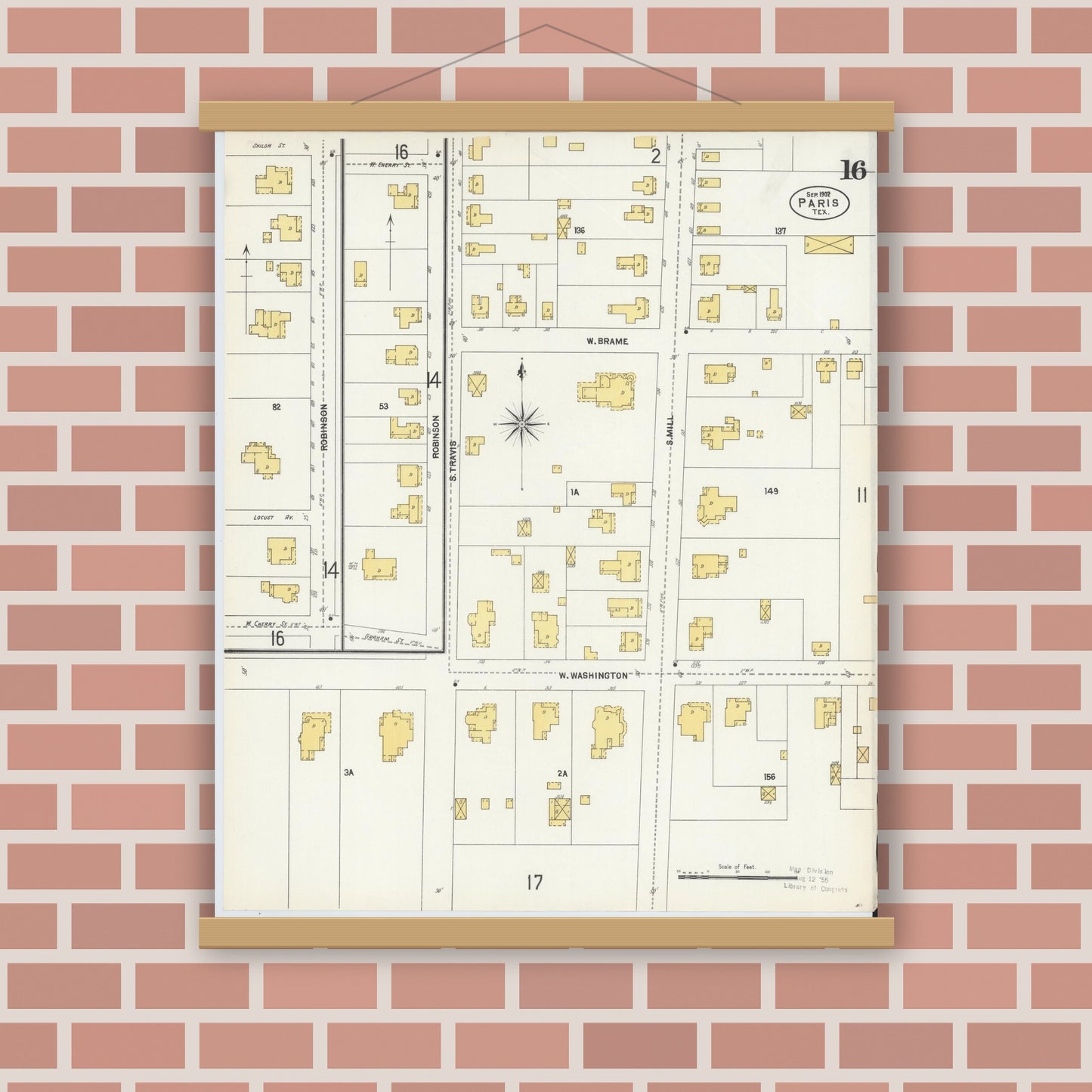 Old map wall art mockup — magnetic wood frame on brick wall — Sanborn Fire Insurance Map from Paris, Lamar County, Texas (1902), Sheet #0016