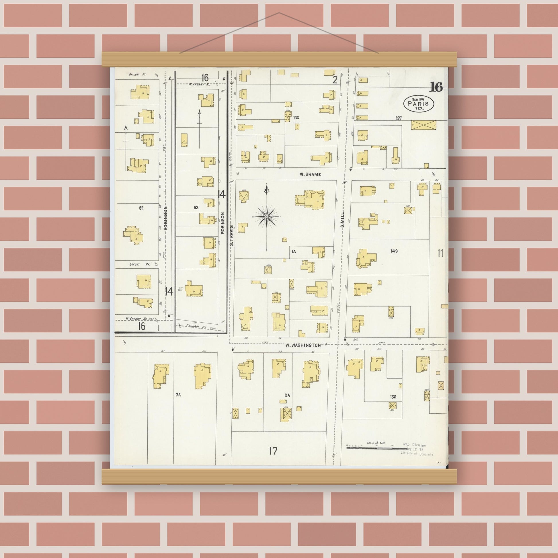 Old map wall art mockup — magnetic wood frame on brick wall — Sanborn Fire Insurance Map from Paris, Lamar County, Texas (1902), Sheet #0016