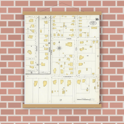 Old map wall art mockup — magnetic wood frame on brick wall — Sanborn Fire Insurance Map from Paris, Lamar County, Texas (1902), Sheet #0016