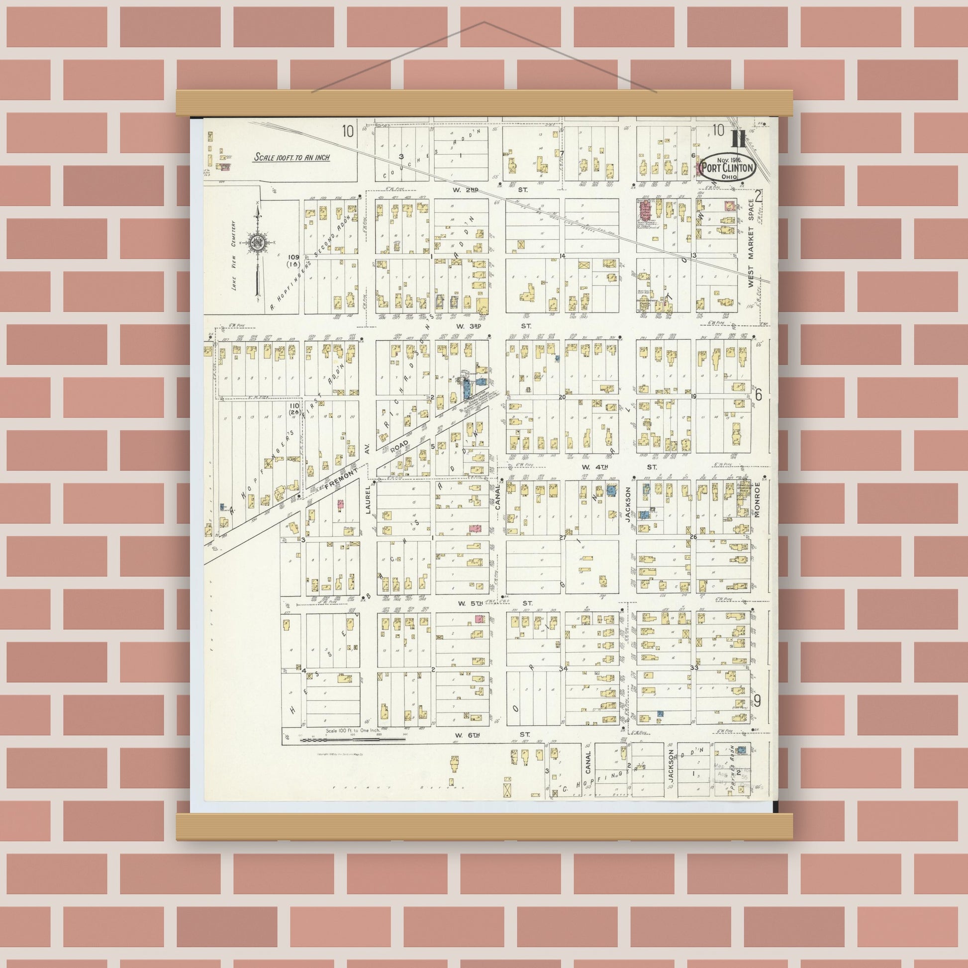Old map wall art mockup — magnetic wood frame on brick wall — Sanborn Fire Insurance Map from Port Clinton, Ottawa County, Ohio (1916), Sheet #0011