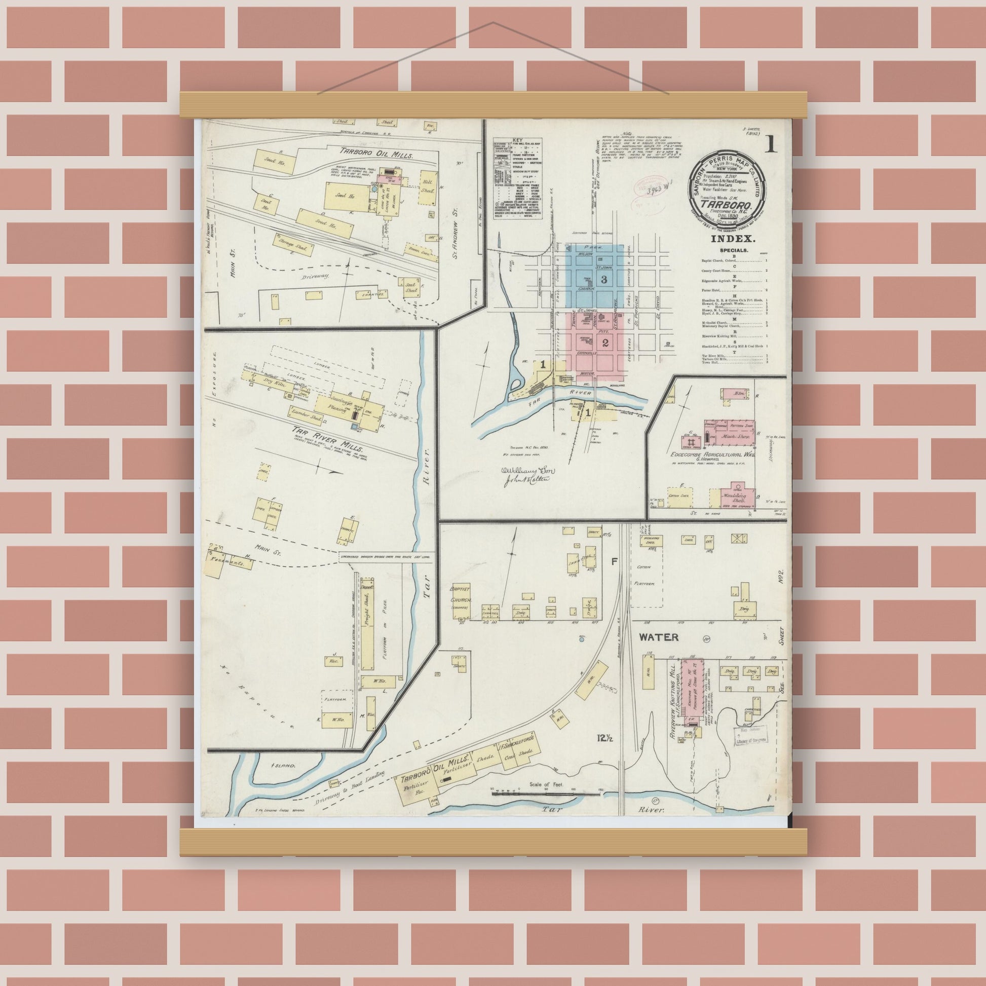 Old map wall art mockup — magnetic wood frame on brick wall — Sanborn Fire Insurance Map from Tarboro, Edgecombe County, North Carolina (1890) - Complete Map Set