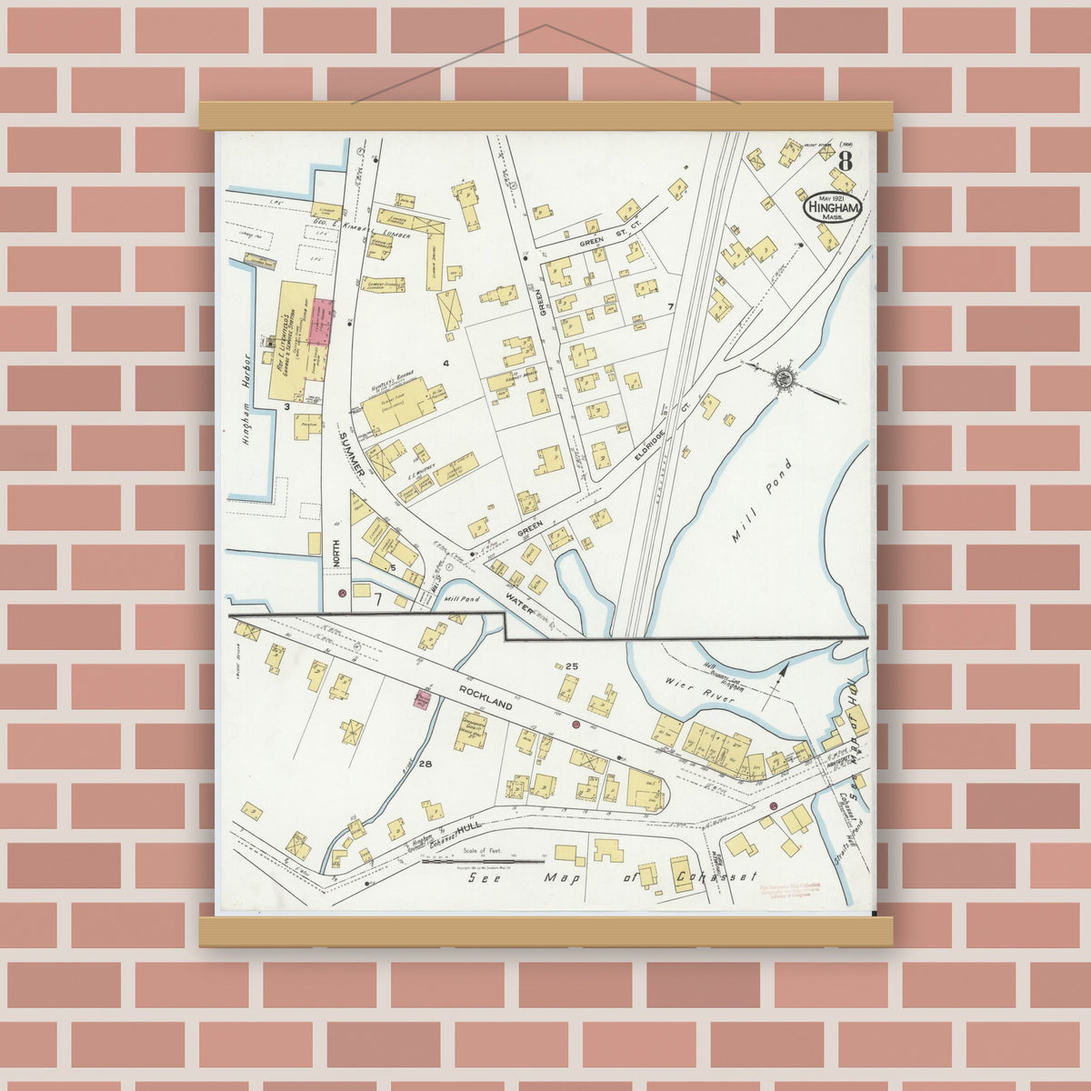 Old map wall art mockup — magnetic wood frame on brick wall — Sanborn Fire Insurance Map from Hingham, Plymouth County, Massachusetts (1921), Sheet #0008