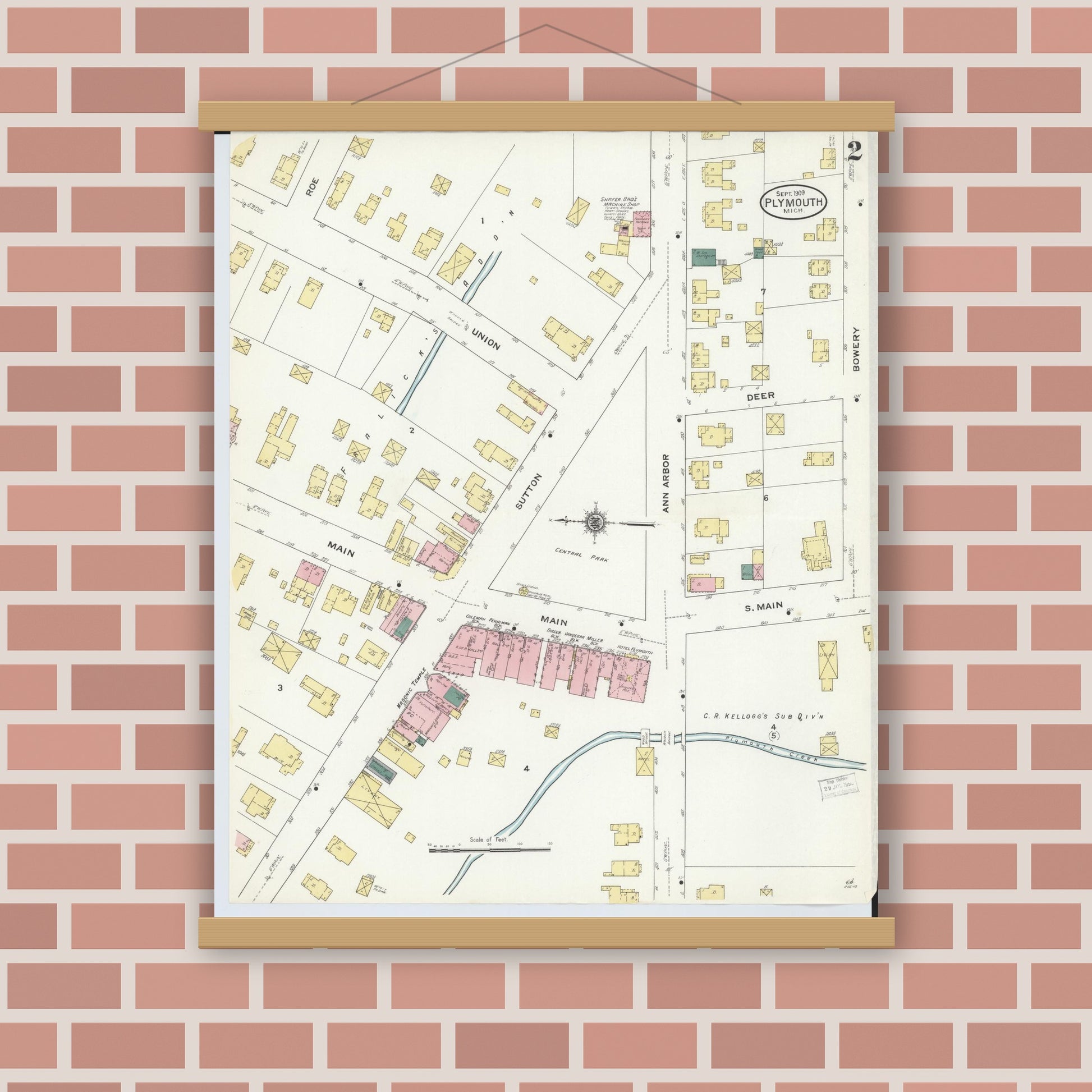 Old map wall art mockup — magnetic wood frame on brick wall — Sanborn Fire Insurance Map from Plymouth, Wayne County, Michigan (1909), Sheet #0002