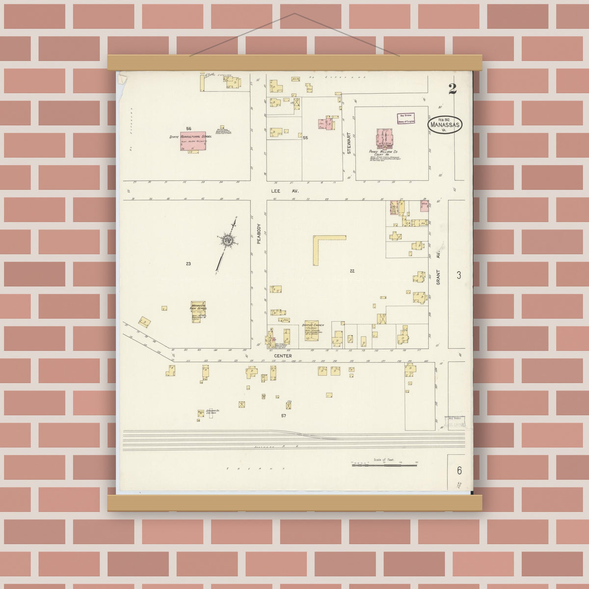 Old map wall art mockup — magnetic wood frame on brick wall — Sanborn Fire Insurance Map from Manassas, Independent Cities, Virginia (1912), Sheet #0002