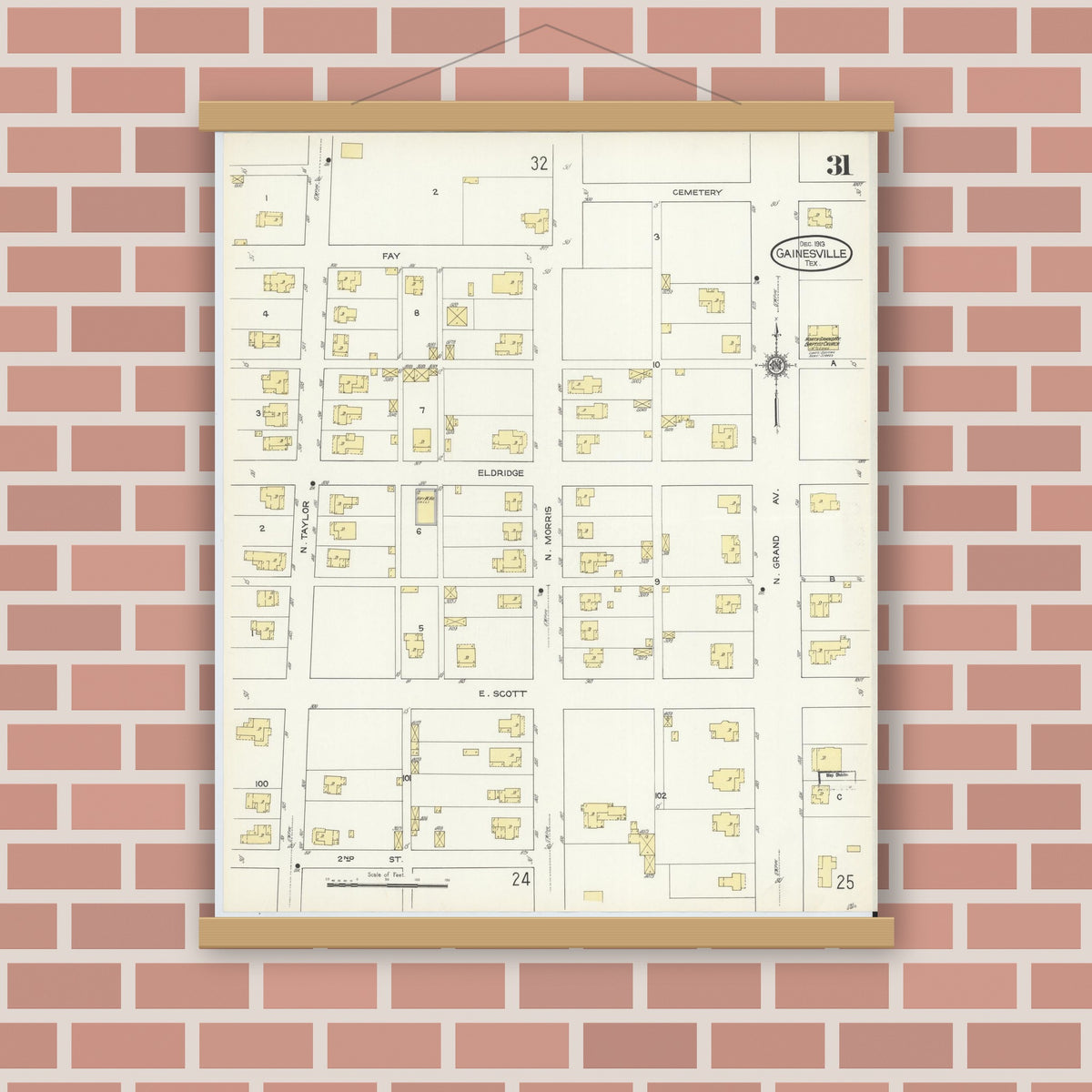 Old map wall art mockup — magnetic wood frame on brick wall — Sanborn Fire Insurance Map from Gainesville, Cooke County, Texas (1913), Sheet #0031