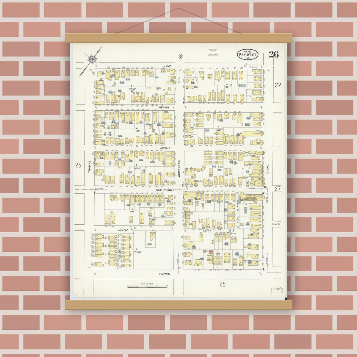 Old map wall art mockup — magnetic wood frame on brick wall — Sanborn Fire Insurance Map from Key West, Monroe County, Florida (1912), Sheet #0026