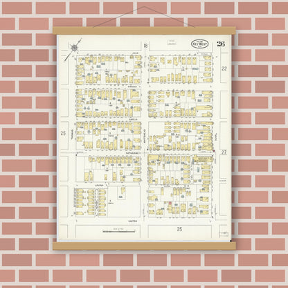 Old map wall art mockup — magnetic wood frame on brick wall — Sanborn Fire Insurance Map from Key West, Monroe County, Florida (1912), Sheet #0026