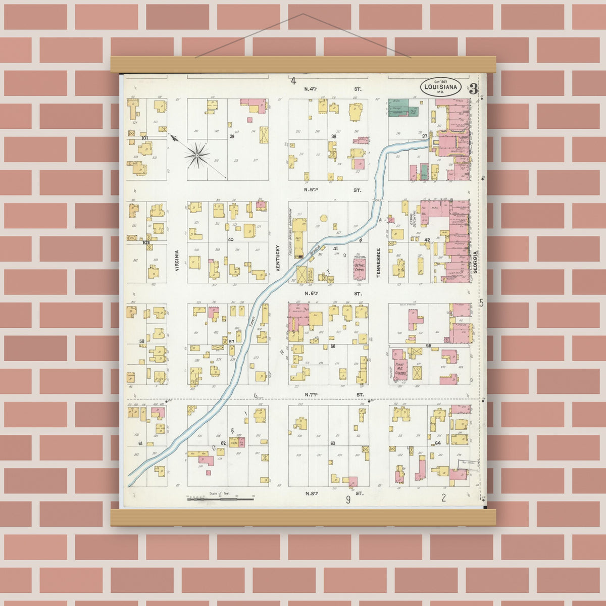 Old map wall art mockup — magnetic wood frame on brick wall — Sanborn Fire Insurance Map from Louisiana, Pike County, Missouri (1902), Sheet #0003