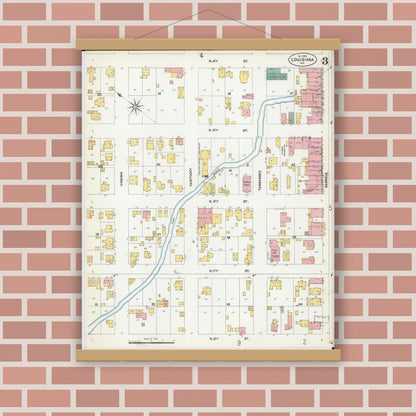 Old map wall art mockup — magnetic wood frame on brick wall — Sanborn Fire Insurance Map from Louisiana, Pike County, Missouri (1902), Sheet #0003