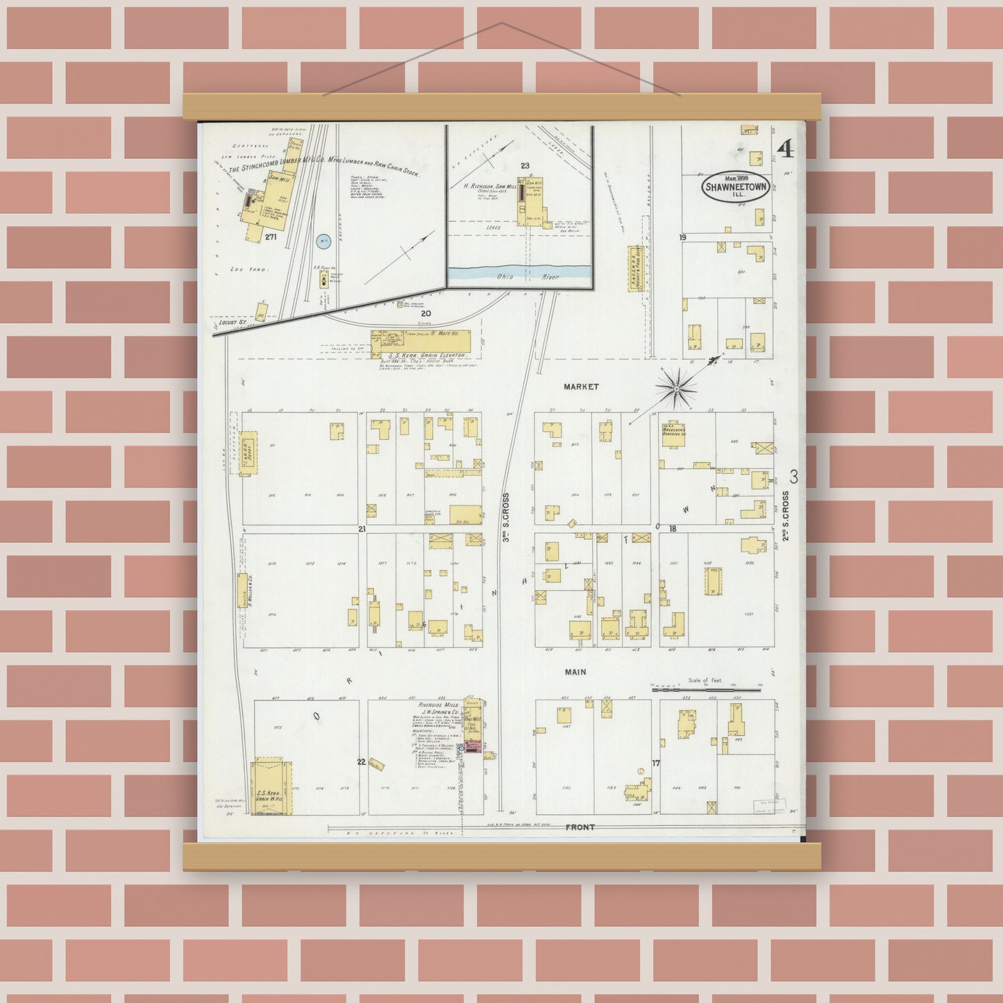 Old map wall art mockup — magnetic wood frame on brick wall — Sanborn Fire Insurance Map from Shawneetown, Gallatin County, Illinois (1899), Sheet #0004
