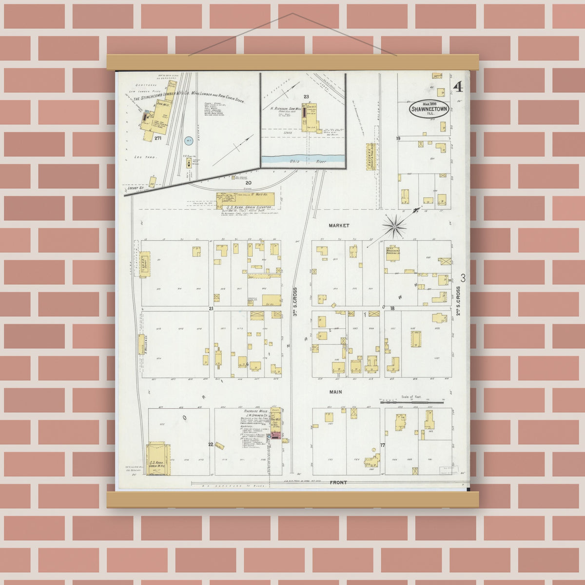 Old map wall art mockup — magnetic wood frame on brick wall — Sanborn Fire Insurance Map from Shawneetown, Gallatin County, Illinois (1899), Sheet #0004