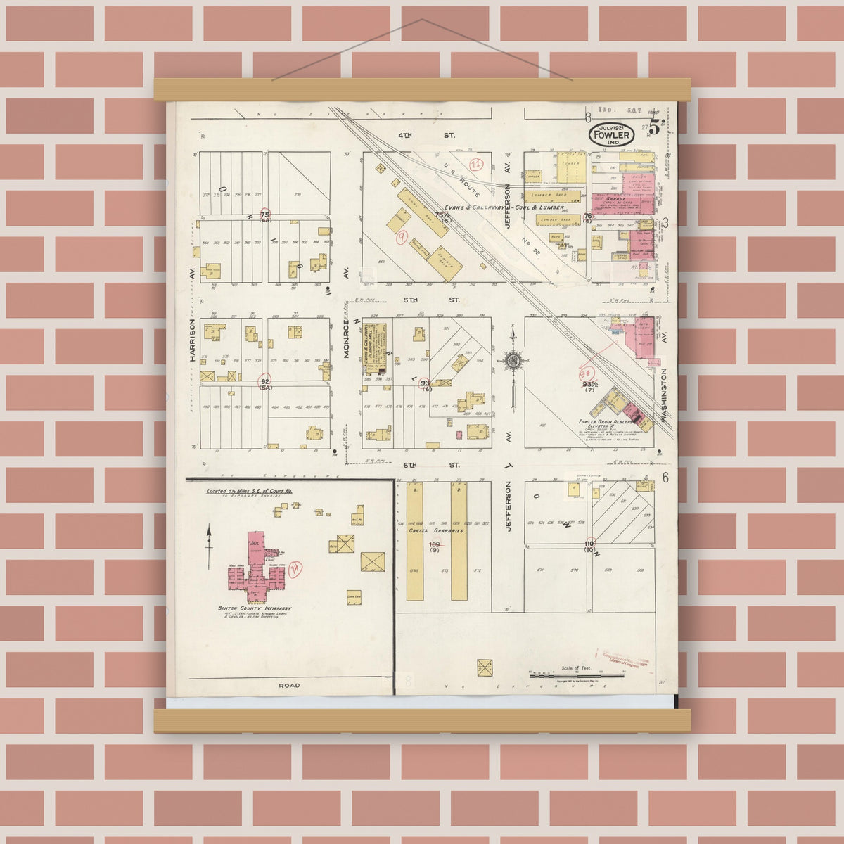 Old map wall art mockup — magnetic wood frame on brick wall — Sanborn Fire Insurance Map from Fowler, Benton County, Indiana (1932), Sheet #0005