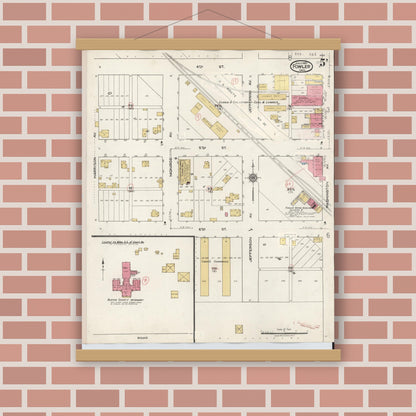 Old map wall art mockup — magnetic wood frame on brick wall — Sanborn Fire Insurance Map from Fowler, Benton County, Indiana (1932), Sheet #0005