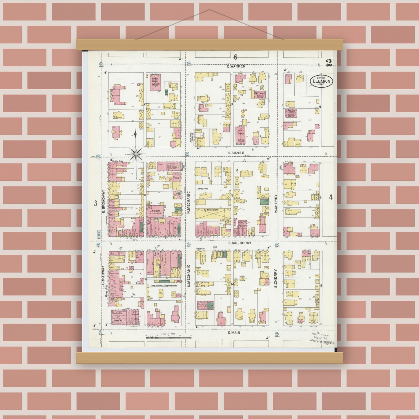 Old map wall art mockup — magnetic wood frame on brick wall — Sanborn Fire Insurance Map from Lebanon, Warren County, Ohio (1901), Sheet #0002