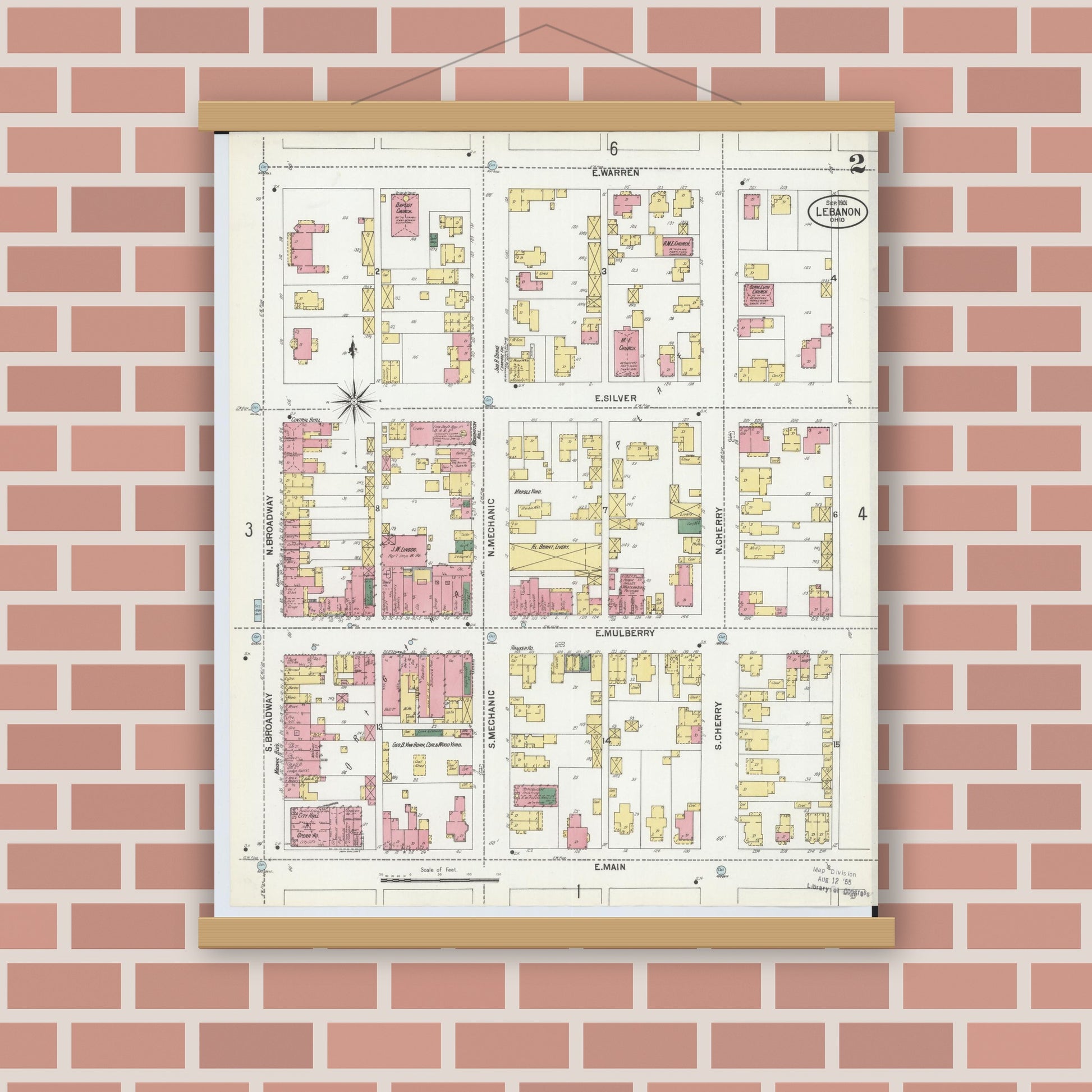Old map wall art mockup — magnetic wood frame on brick wall — Sanborn Fire Insurance Map from Lebanon, Warren County, Ohio (1901), Sheet #0002