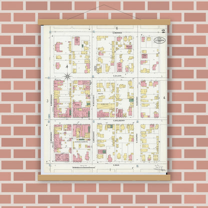 Old map wall art mockup — magnetic wood frame on brick wall — Sanborn Fire Insurance Map from Lebanon, Warren County, Ohio (1901), Sheet #0002