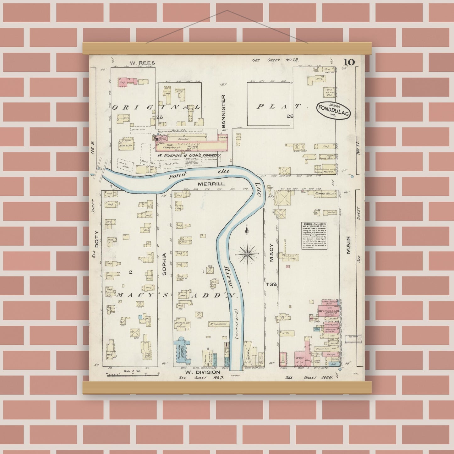 Old map wall art mockup — magnetic wood frame on brick wall — Sanborn Fire Insurance Map from Fond du Lac, Fond du Lac County, Wisconsin (1884), Sheet #0010