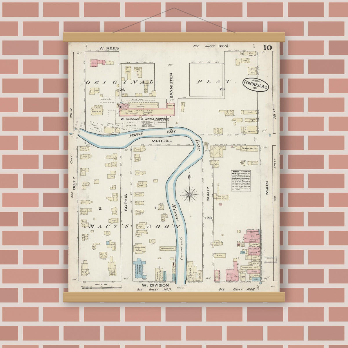 Old map wall art mockup — magnetic wood frame on brick wall — Sanborn Fire Insurance Map from Fond du Lac, Fond du Lac County, Wisconsin (1884), Sheet #0010