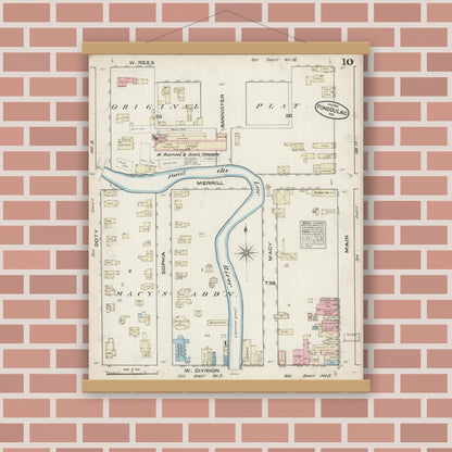 Old map wall art mockup — magnetic wood frame on brick wall — Sanborn Fire Insurance Map from Fond du Lac, Fond du Lac County, Wisconsin (1884), Sheet #0010