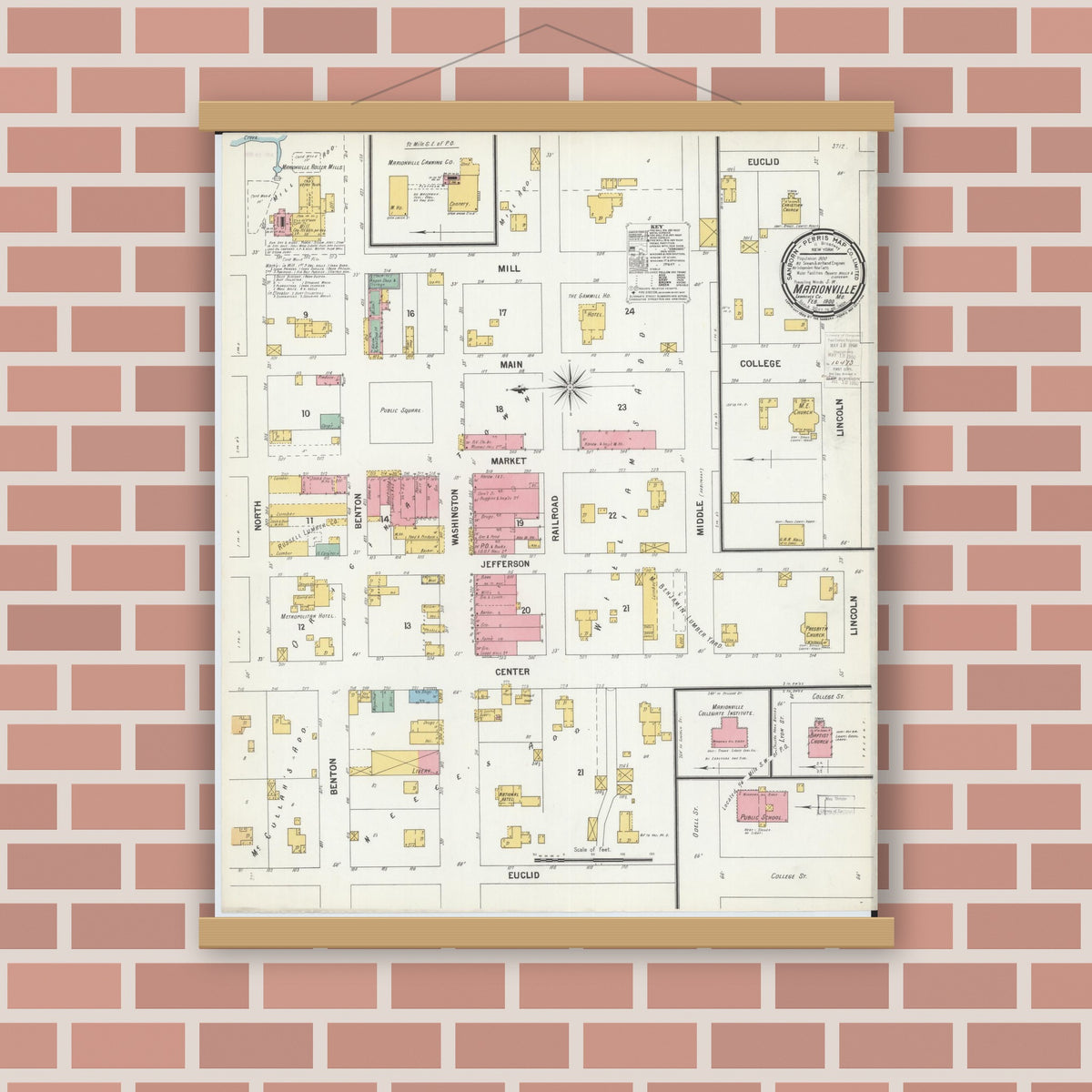 Old map wall art mockup — magnetic wood frame on brick wall — Sanborn Fire Insurance Map from Marionville, Lawrence County, Missouri (1900), Sheet #0001