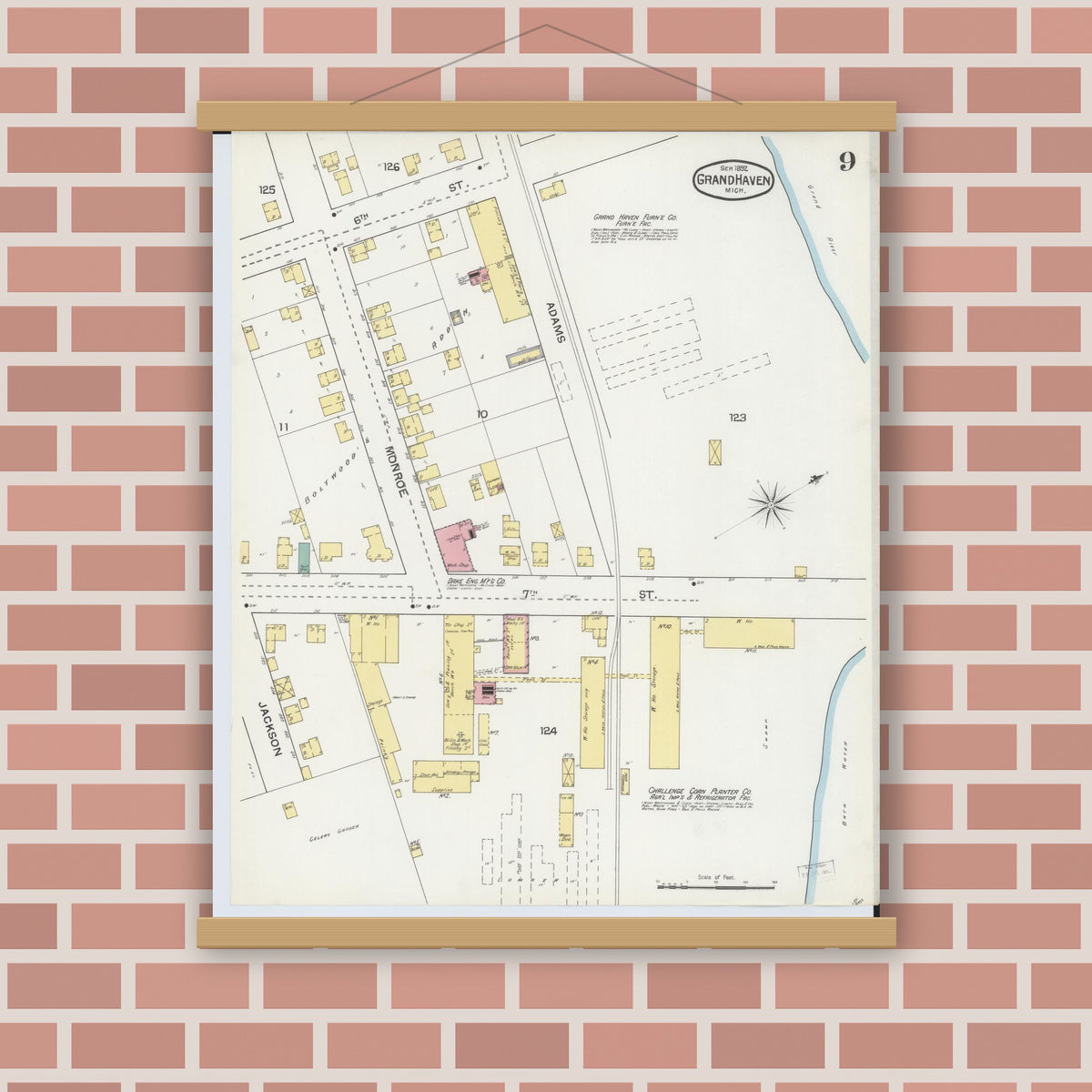 Old map wall art mockup — magnetic wood frame on brick wall — Sanborn Fire Insurance Map from Grand Haven, Ottawa County, Michigan (1892), Sheet #0009