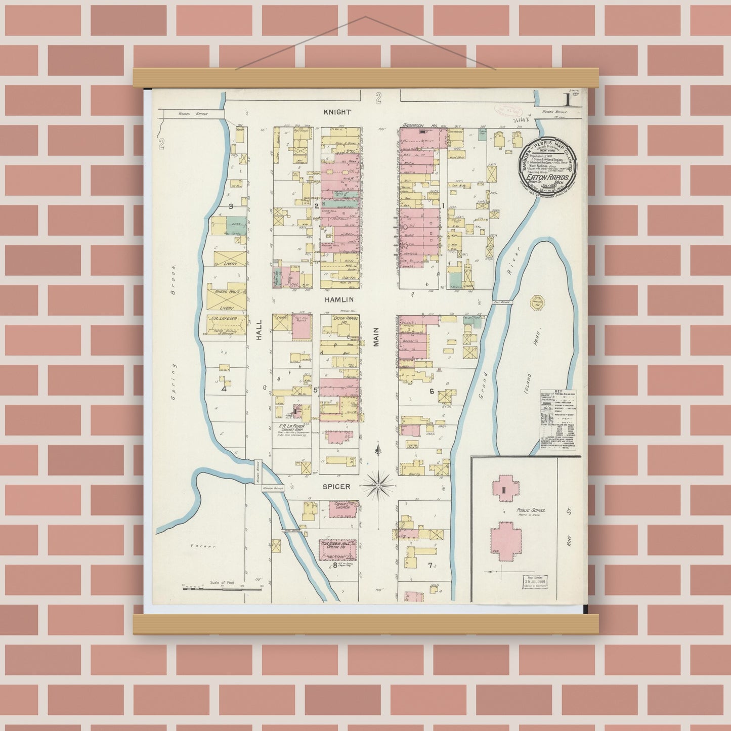 Old map wall art mockup — magnetic wood frame on brick wall — Sanborn Fire Insurance Map from Eaton Rapids, Eaton County, Michigan (1892), Sheet #0001