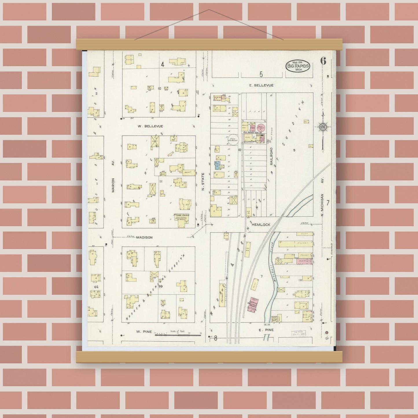 Old map wall art mockup — magnetic wood frame on brick wall — Sanborn Fire Insurance Map from Big Rapids, Mecosta County, Michigan (1914), Sheet #0006