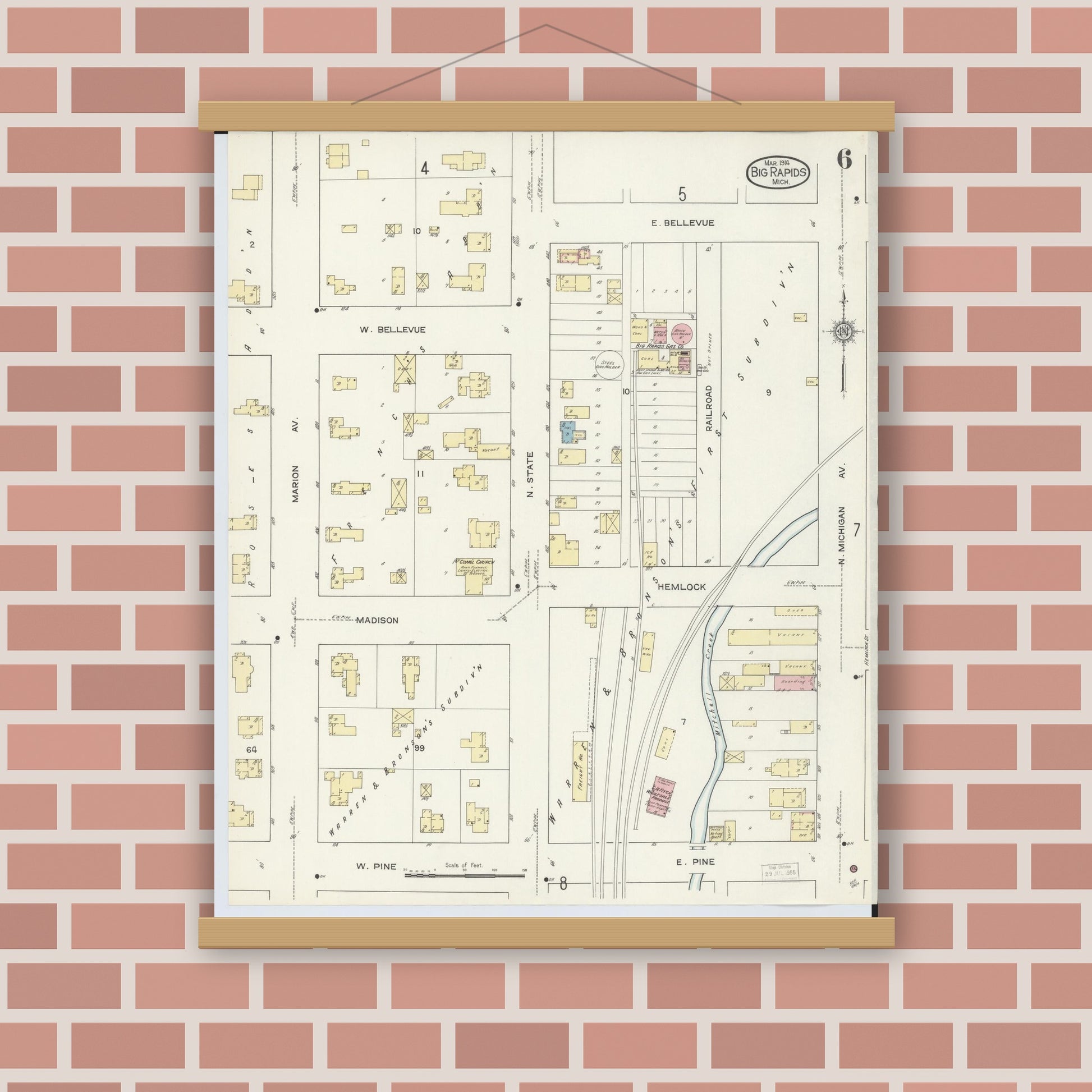 Old map wall art mockup — magnetic wood frame on brick wall — Sanborn Fire Insurance Map from Big Rapids, Mecosta County, Michigan (1914), Sheet #0006