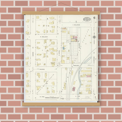 Old map wall art mockup — magnetic wood frame on brick wall — Sanborn Fire Insurance Map from Big Rapids, Mecosta County, Michigan (1914), Sheet #0006